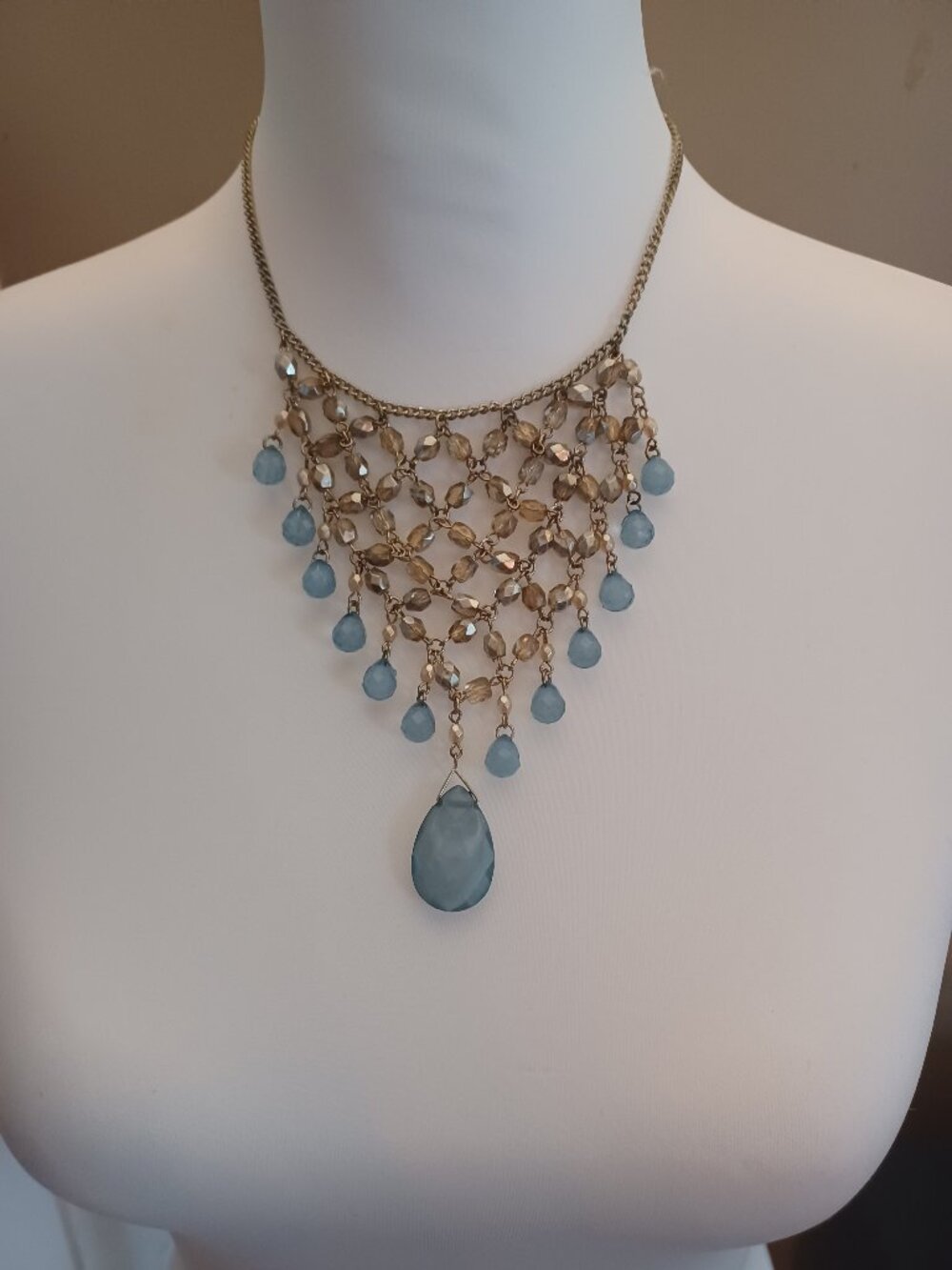Vintage Bijoux Terner Gold Mesh Bib Necklace Blue Glass Beads Boho Signed